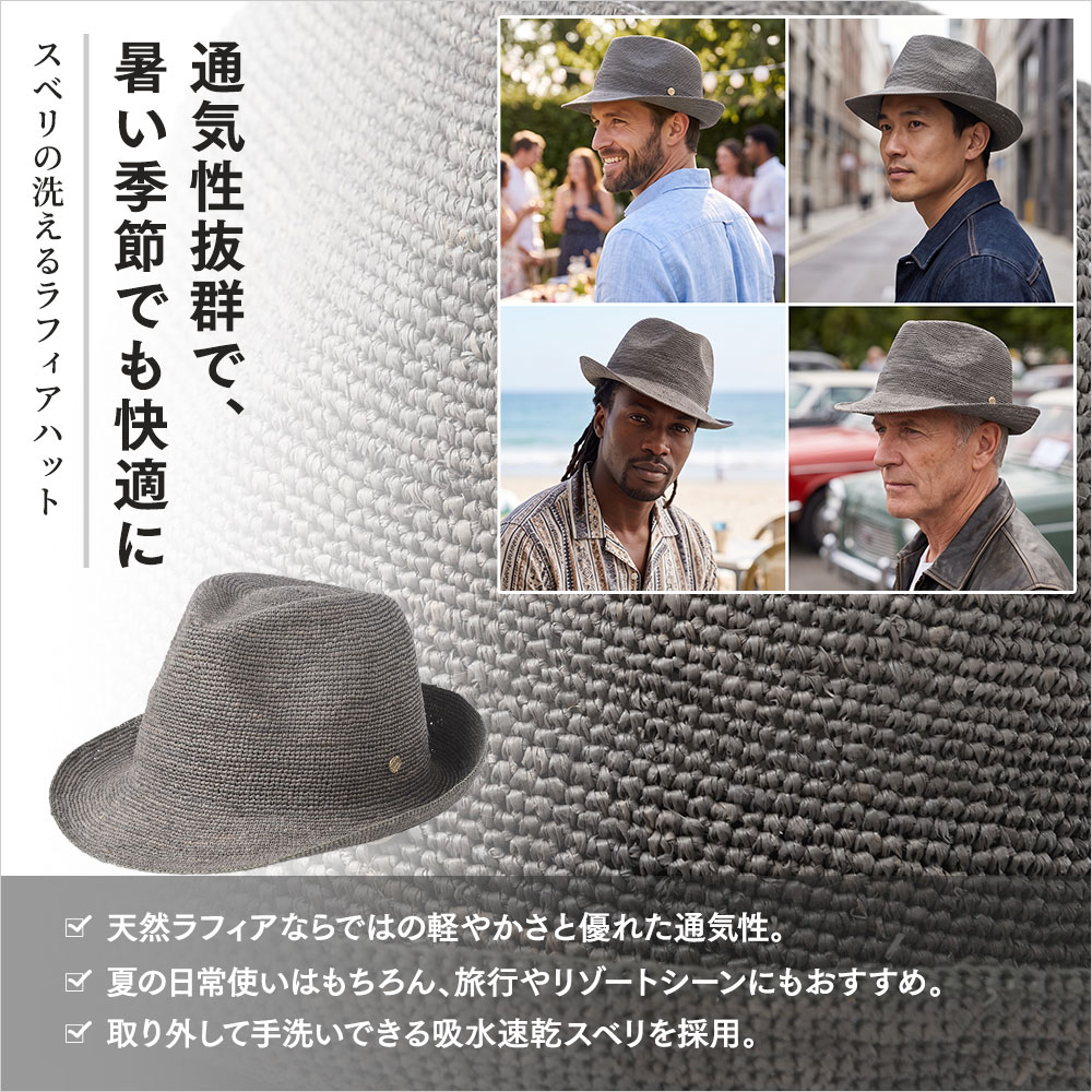 スベリの洗えるラフィアハット　詳細