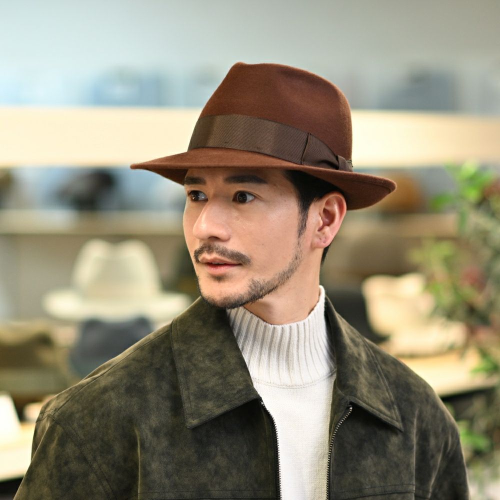 初期　アンダーカバー　ダークブラウン　チェック柄 フェドーラハット レッター フェルトハット Fur Felt Fedora（ファーフェルト フェドラ