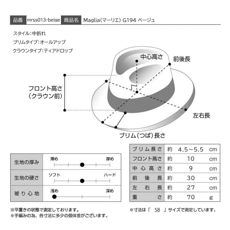 マローネのソフトハット Maglia（マーリエ） G194 ベージュ