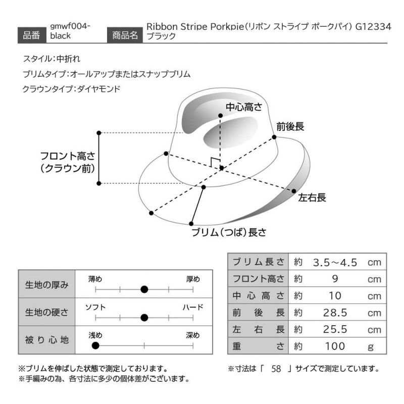 ゴットマンのフェルトハット Ribbon Stripe Porkpie（リボン ストライプ ポークパイ） G12334 ブラック