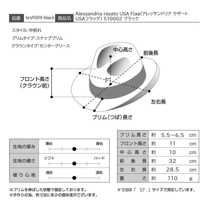 ボルサリーノのフェルトハット Alessandria rasato USA Flag（アレッサンドリア ラザート USAフラッグ） 510002 ブラック