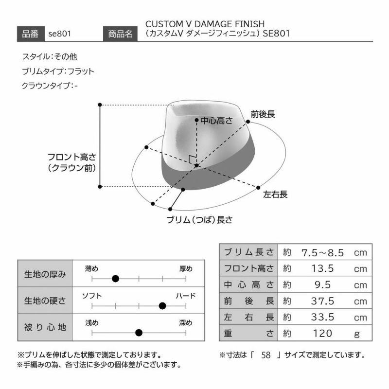 ステットソンのフェルトハット CUSTOM V DAMAGE FINISH（カスタムV ダメージフィニッシュ） SE801 グレー