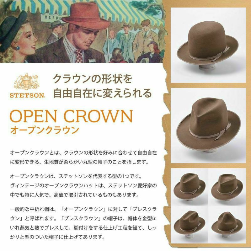 ステットソンのフェルトハット VINTAGE WHIPPET BEAVER JP OPENCROWN（ビンテージウィペット ビーバー JP オープンクラウン） SE796 グレー